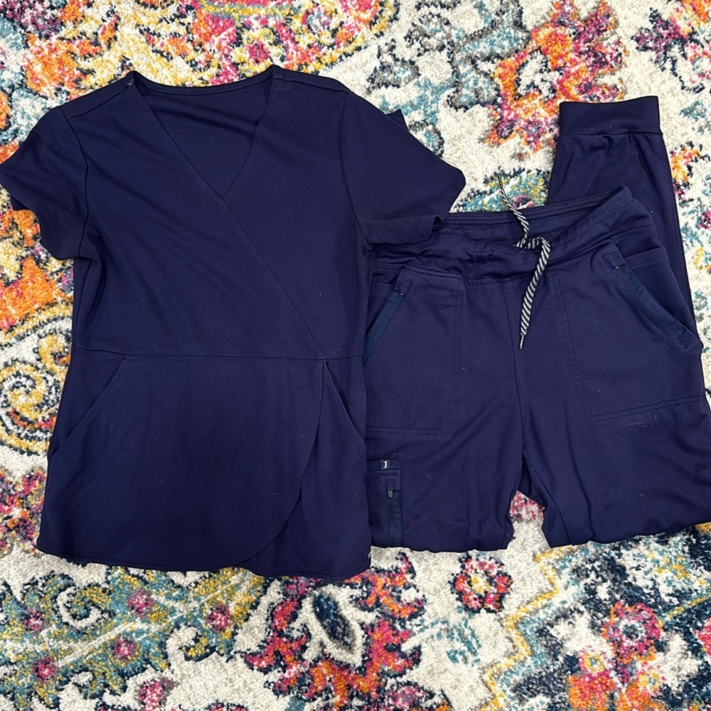 Jaanuu Scrub Set: Tulip Mock-Wrap Top and 10-Pocket Joggers in Navy